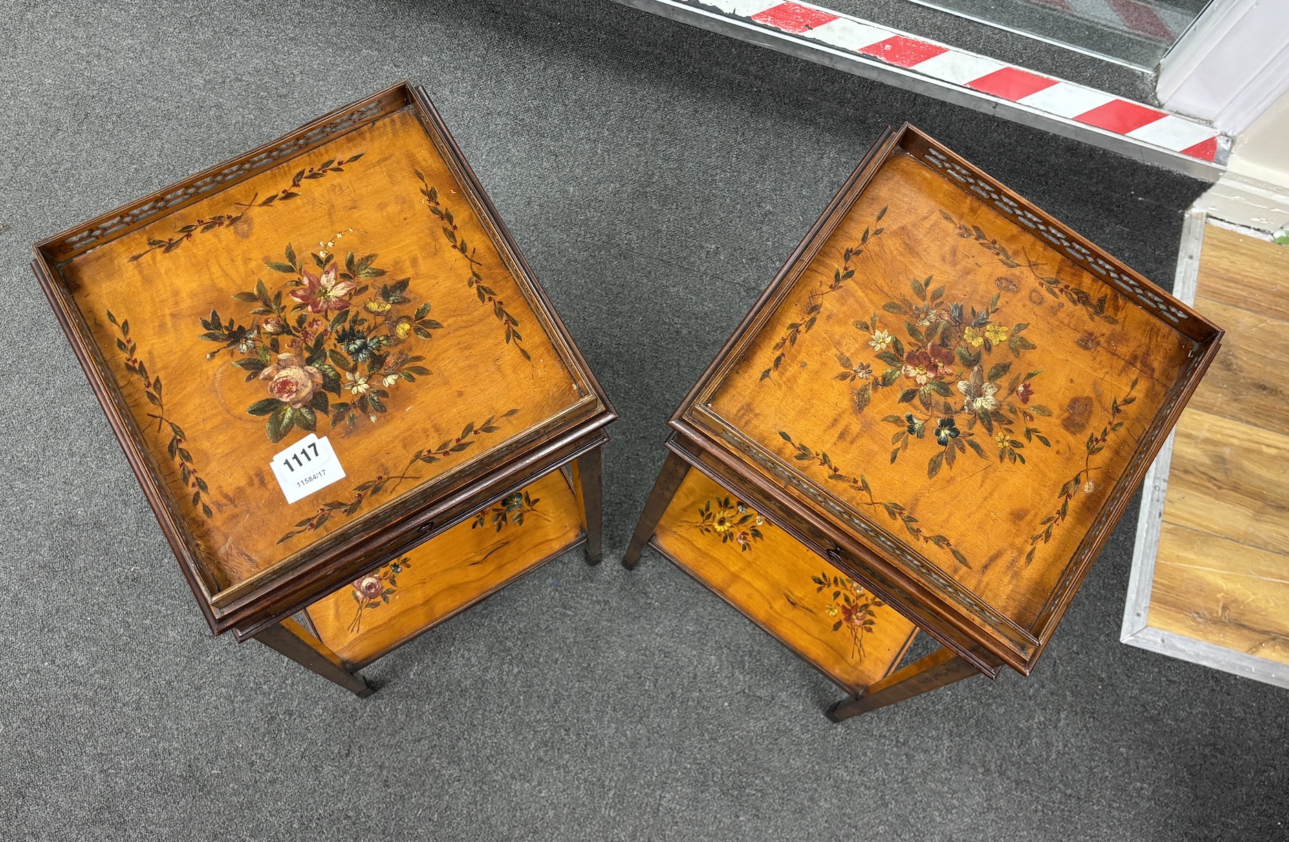 A pair of Sheraton Revival painted satinwood urn tables with pierced galleries, width 30cm, depth 30cm, height 70cm